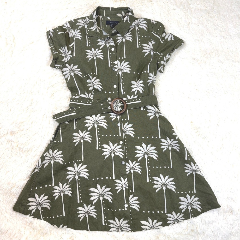Tahari Shirt Dress Women Small Palm Tree Tropical Linen Blend Belted Vacation